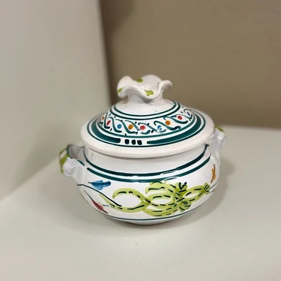 Hand Painted Ceramic Sugar Bowl with Lid Mediterranean Style - Picture 1 of 4